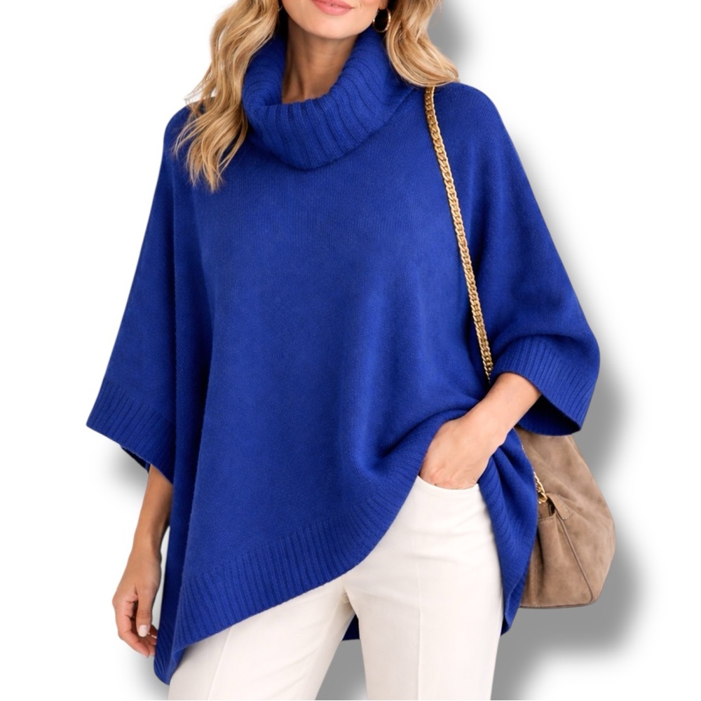 Cullen 100% Cashmere Oversized Draped Poncho Turtleneck Cobalt M L